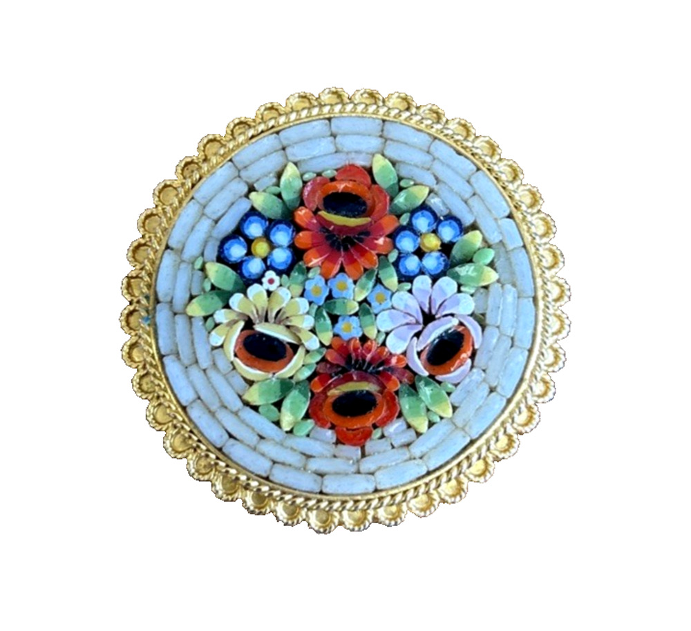 Vintage Italian Micro Mosaic Floral Brooch Pin Colorful Flowers 1.5" Round